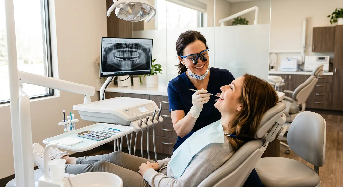 Friendly dentist with patient